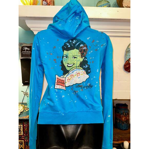 VINTAGE NWT 90's DRAGONFLY ROCK N ROLL VISION PINUP RETRO HOODIE - Picture 1 of 9